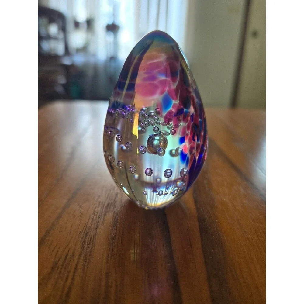 Vtg. 1991 Glass Eye Studio GES Iridescent Egg-Shaped Paperweight Signed